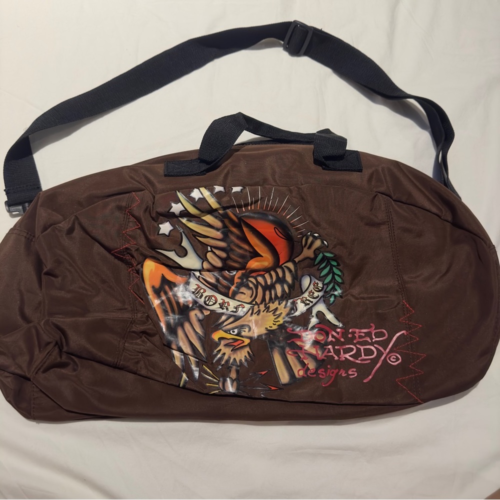 Don Ed Hardy Design Born Free Brown Nylon Y2K Duffle Bag Vintage 90s Eagle